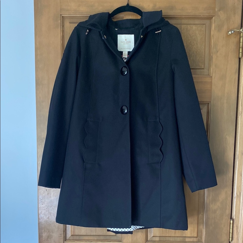 Kate Spade Black Trench Coat with Scalloped Pockets & Removable Hood